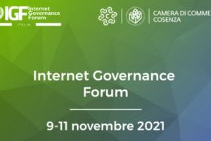 Immagine a sfondo verde con titolo e data dell'evento e loghi della Camera di commercio di Cosenza e di Internet Government Forum